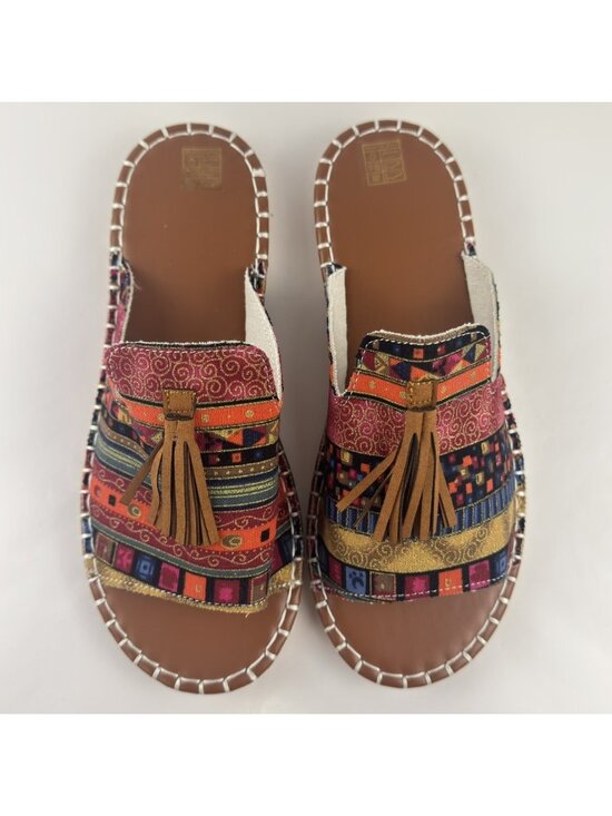 Unknown Shoes - Boho Slide Sandals Womens 9.5 EU 41 Tassel Open Toe Multicolor Tribal Summer NEW